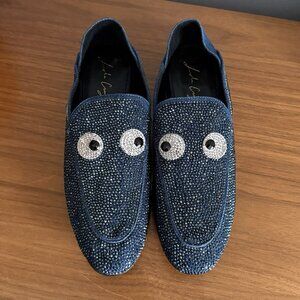 Lola Cruz Eyes On You Loafers Blue Denim Rhinestone Size 38 NWOB Slip-on